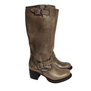 Frye Veronica Taupe Tall Slouch Buckle Pebbled Leather Riding Boots Women's 6.5
